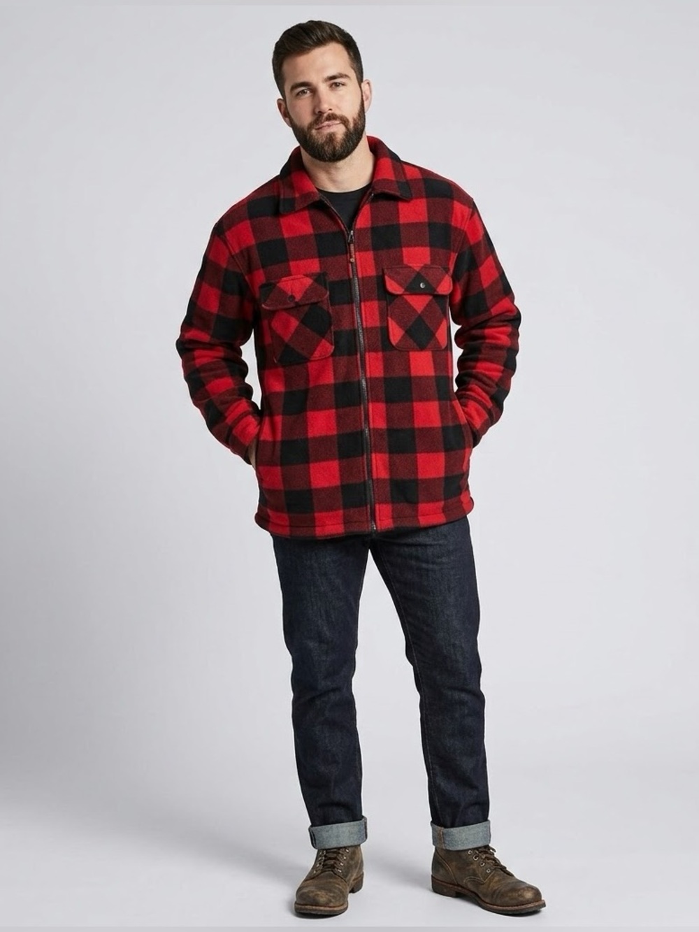 Trail Crest Red and Black Buffalo Plaid Zip-Up Heavy Fleece Jacket Men’s Size XL